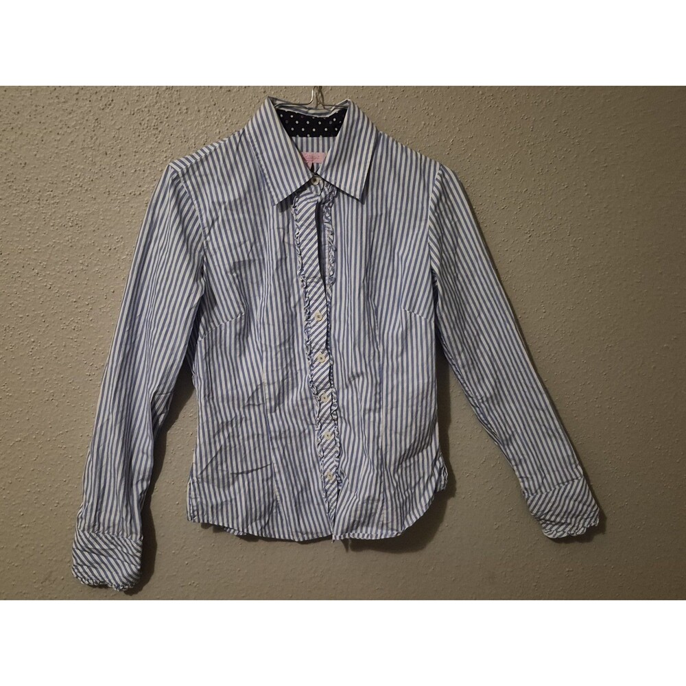 Lilly Pulitzer Stripes Shirt Size 2 Button Down Blue White Ruffle Casual Preppy